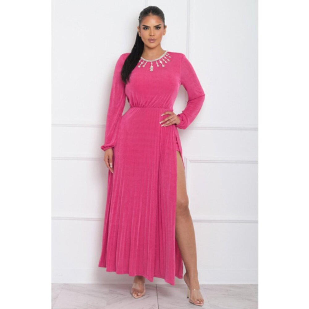 Hot Pink Embelisshed Pleated Long Sleeve Maxi Dress with Slit